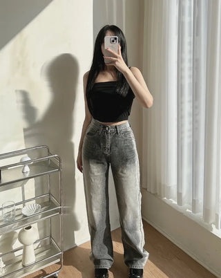 Ice Gray Washed Wide Pants Straight Denim for