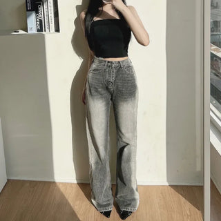 Ice Gray Washed Wide Pants Straight Denim for