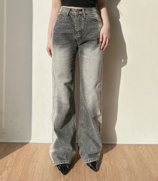 Ice Gray Washed Wide Pants Straight Denim for