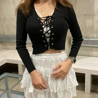 Slim Fit Lace-up Ribbon Corset Eyelet Long Sleeve