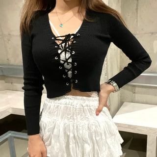 Slim Fit Lace-up Ribbon Corset Eyelet Long Sleeve
