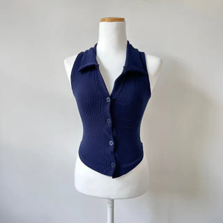 Unique Hip Halter Collar Sleeveless Neck Collared Button