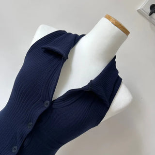 Unique Hip Halter Collar Sleeveless Neck Collared Button