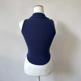 Unique Hip Halter Collar Sleeveless Neck Collared Button