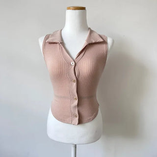 Unique Hip Halter Collar Sleeveless Neck Collared Button