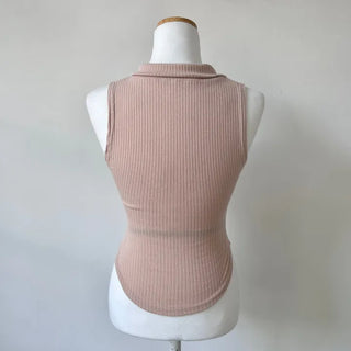Unique Hip Halter Collar Sleeveless Neck Collared Button