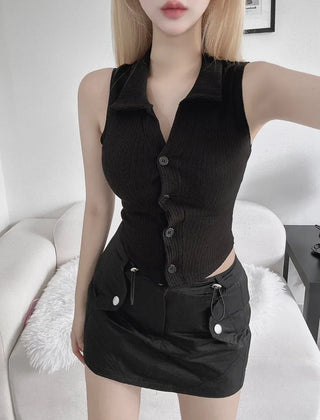 Unique Hip Halter Collar Sleeveless Neck Collared Button