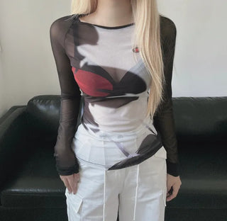 Layered See-through Mesh Printed Long Sleeve T-shirt Tee