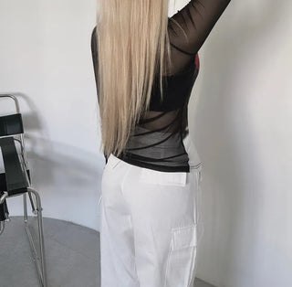 Layered See-through Mesh Printed Long Sleeve T-shirt Tee