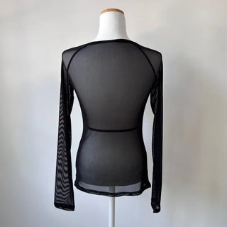 Layered See-through Mesh Printed Long Sleeve T-shirt Tee