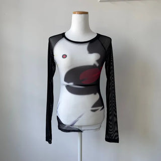 Layered See-through Mesh Printed Long Sleeve T-shirt Tee