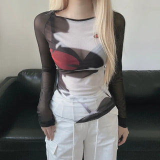Layered See-through Mesh Printed Long Sleeve T-shirt Tee