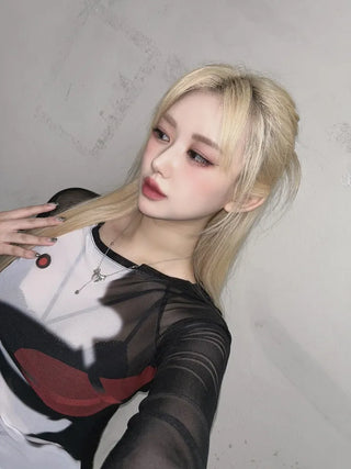 Layered See-through Mesh Printed Long Sleeve T-shirt Tee