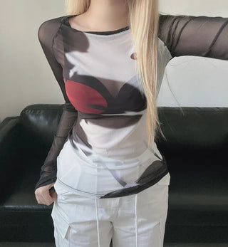 Layered See-through Mesh Printed Long Sleeve T-shirt Tee