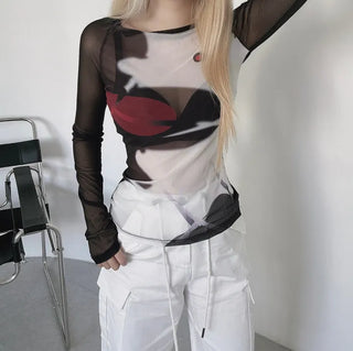 Layered See-through Mesh Printed Long Sleeve T-shirt Tee