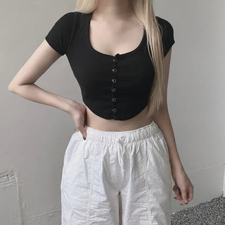 Stretchy Crop Rounded Snap Tee Button Short Sleeve