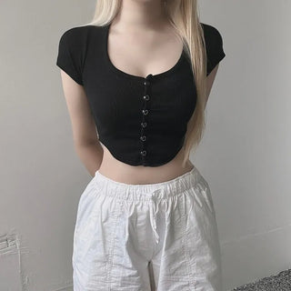 Stretchy Crop Rounded Snap Tee Button Short Sleeve