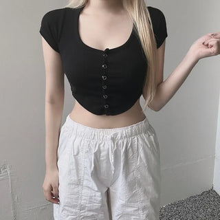 Stretchy Crop Rounded Snap Tee Button Short Sleeve