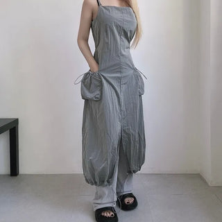 Nylon Crinkly Summer Layered Long Dress Sleeveless Pocket