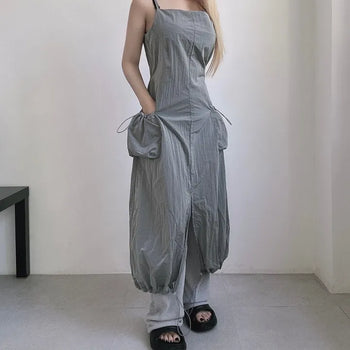 Nylon Crinkly Summer Layered Long Dress Sleeveless Pocket