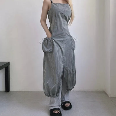 Nylon Crinkly Summer Layered Long Dress Sleeveless Pocket