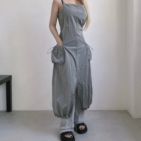 Nylon Crinkly Summer Layered Long Dress Sleeveless Pocket