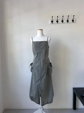 Nylon Crinkly Summer Layered Long Dress Sleeveless Pocket