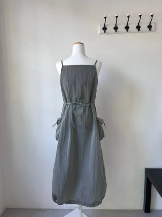 Nylon Crinkly Summer Layered Long Dress Sleeveless Pocket