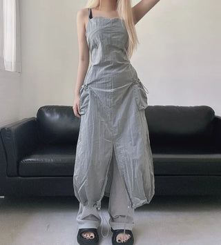 Nylon Crinkly Summer Layered Long Dress Sleeveless Pocket
