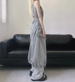 Nylon Crinkly Summer Layered Long Dress Sleeveless Pocket