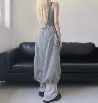 Nylon Crinkly Summer Layered Long Dress Sleeveless Pocket