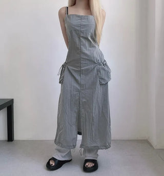 Nylon Crinkly Summer Layered Long Dress Sleeveless Pocket