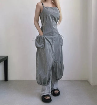 Nylon Crinkly Summer Layered Long Dress Sleeveless Pocket