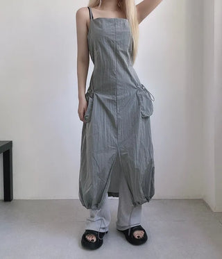 Nylon Crinkly Summer Layered Long Dress Sleeveless Pocket