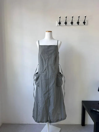 Nylon Crinkly Summer Layered Long Dress Sleeveless Pocket