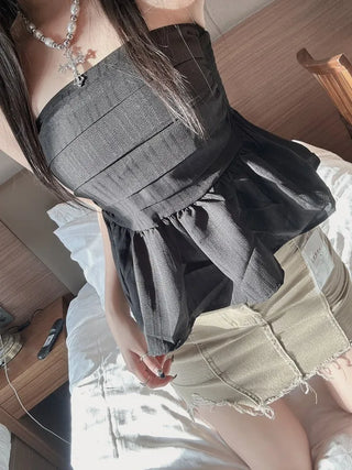 Shirred Frill Elastic Top Off-shoulder Sleeveless Tube Y2K