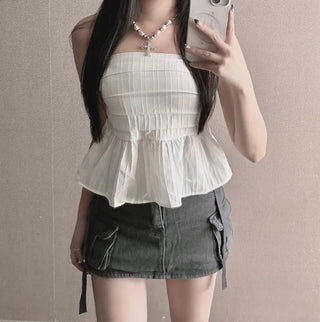 Shirred Frill Elastic Top Off-shoulder Sleeveless Tube Y2K