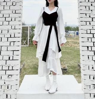 Ribbon Frill Chiffon Crop Bustier Long Dress Set