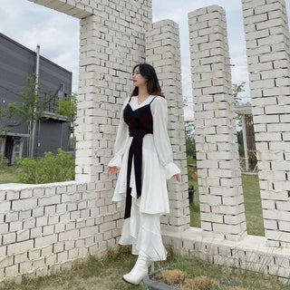 Ribbon Frill Chiffon Crop Bustier Long Dress Set