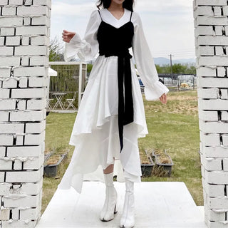 Ribbon Frill Chiffon Crop Bustier Long Dress Set
