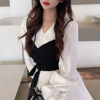 Ribbon Frill Chiffon Crop Bustier Long Dress Set