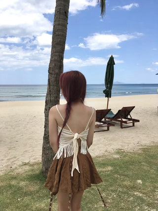 Butterfly Diagonal Sleeveless Fringe Tassel Top Vacation Look