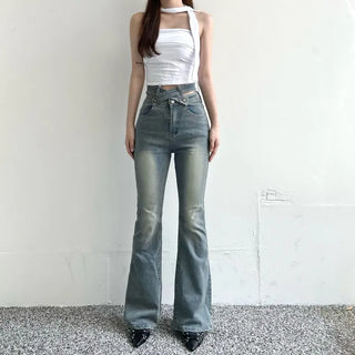 x Belt Washed Bootcut Pants Denim Unique Y2K
