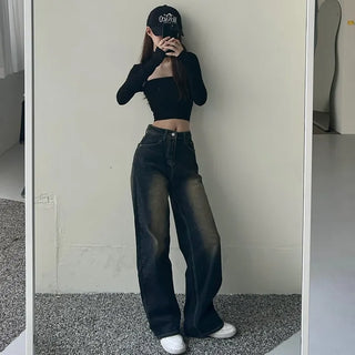 Vintage Washed Denim Wide Pants Petite Women Four
