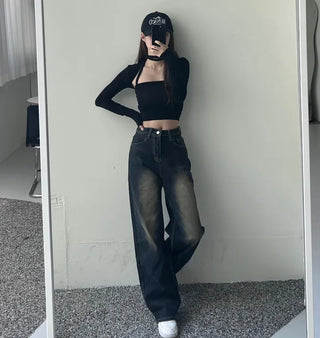 Vintage Washed Denim Wide Pants Petite Women Four