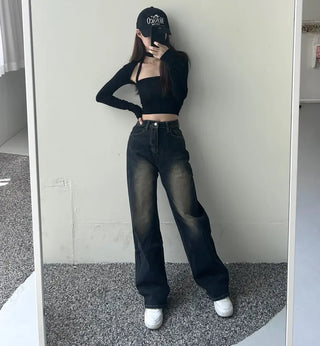 Vintage Washed Denim Wide Pants Petite Women Four
