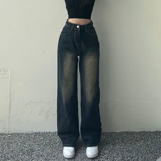 Vintage Washed Denim Wide Pants Petite Women Four