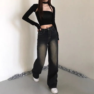 Vintage Washed Denim Wide Pants Petite Women Four