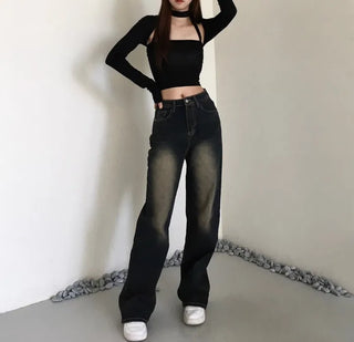 Vintage Washed Denim Wide Pants Petite Women Four