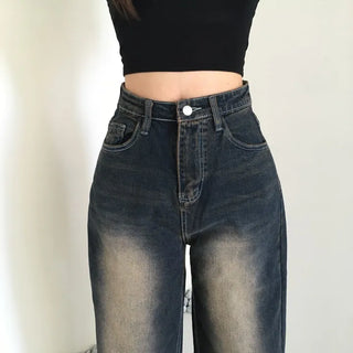 Vintage Washed Denim Wide Pants Petite Women Four